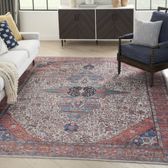 5' x 7' Red and Ivory Oriental Power Loom Distressed Washable Non Skid Area Rug