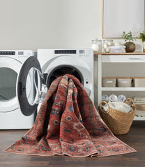 5' x 7' Blue and Red Oriental Power Loom Distressed Washable Non Skid Area Rug