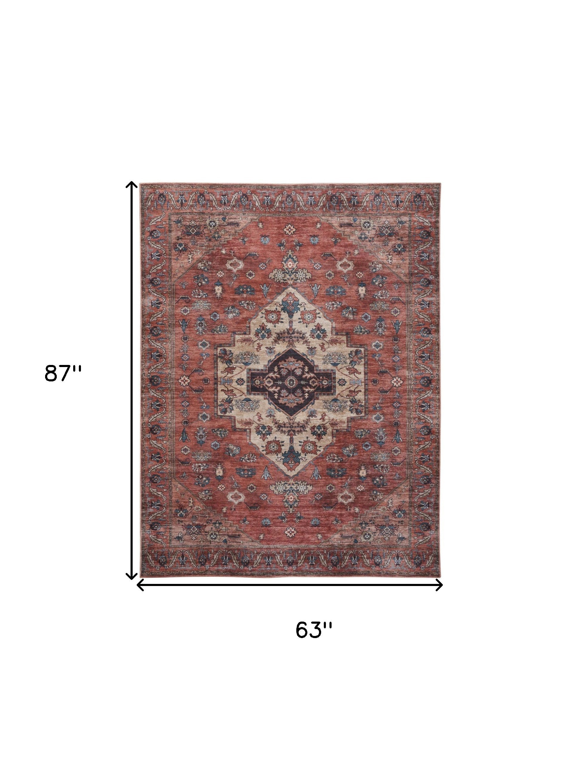 5' x 7' Blue and Red Oriental Power Loom Distressed Washable Non Skid Area Rug