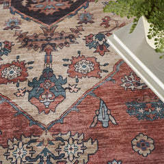 5' x 7' Blue and Red Oriental Power Loom Distressed Washable Non Skid Area Rug