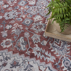 8' Red and Ivory Floral Power Loom Distressed Washable Runner Rug