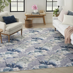 8' x 10' Ivory Blue and Gray Floral Power Loom Washable Non Skid Area Rug