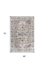 4' x 6' Beige and Gray Oriental Power Loom Distressed Washable Non Skid Area Rug