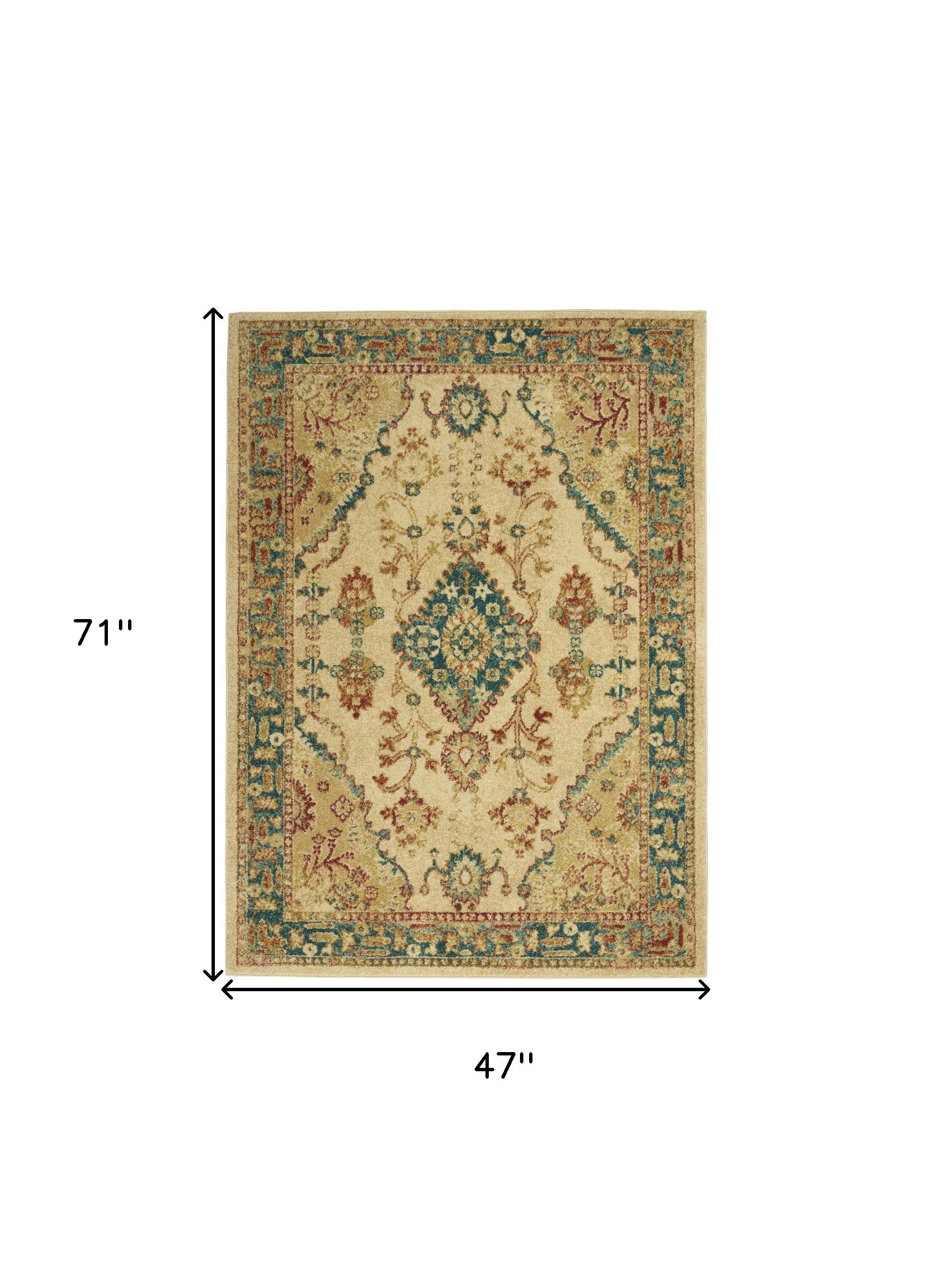 4' x 6' Ivory Green and Red Oriental Power Loom Area Rug