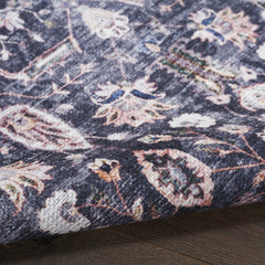 4' x 6' Blue and Ivory Oriental Power Loom Distressed Washable Non Skid Area Rug