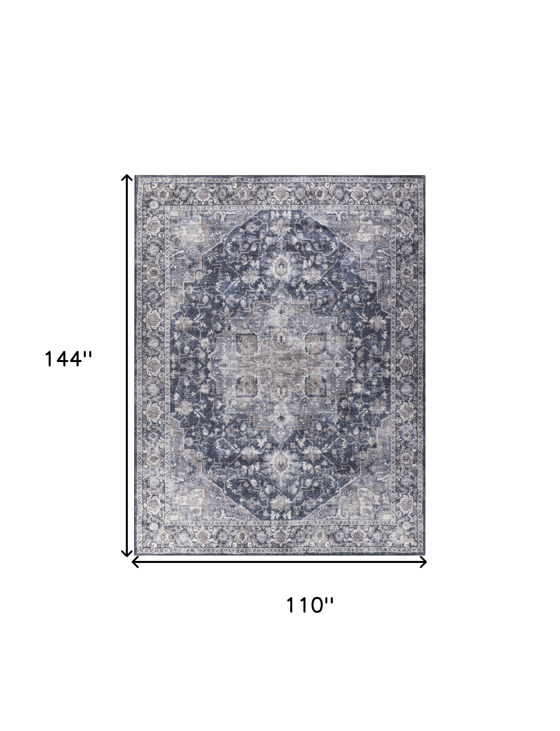 9' x 12' Blue and Ivory Floral Power Loom Distressed Washable Area Rug