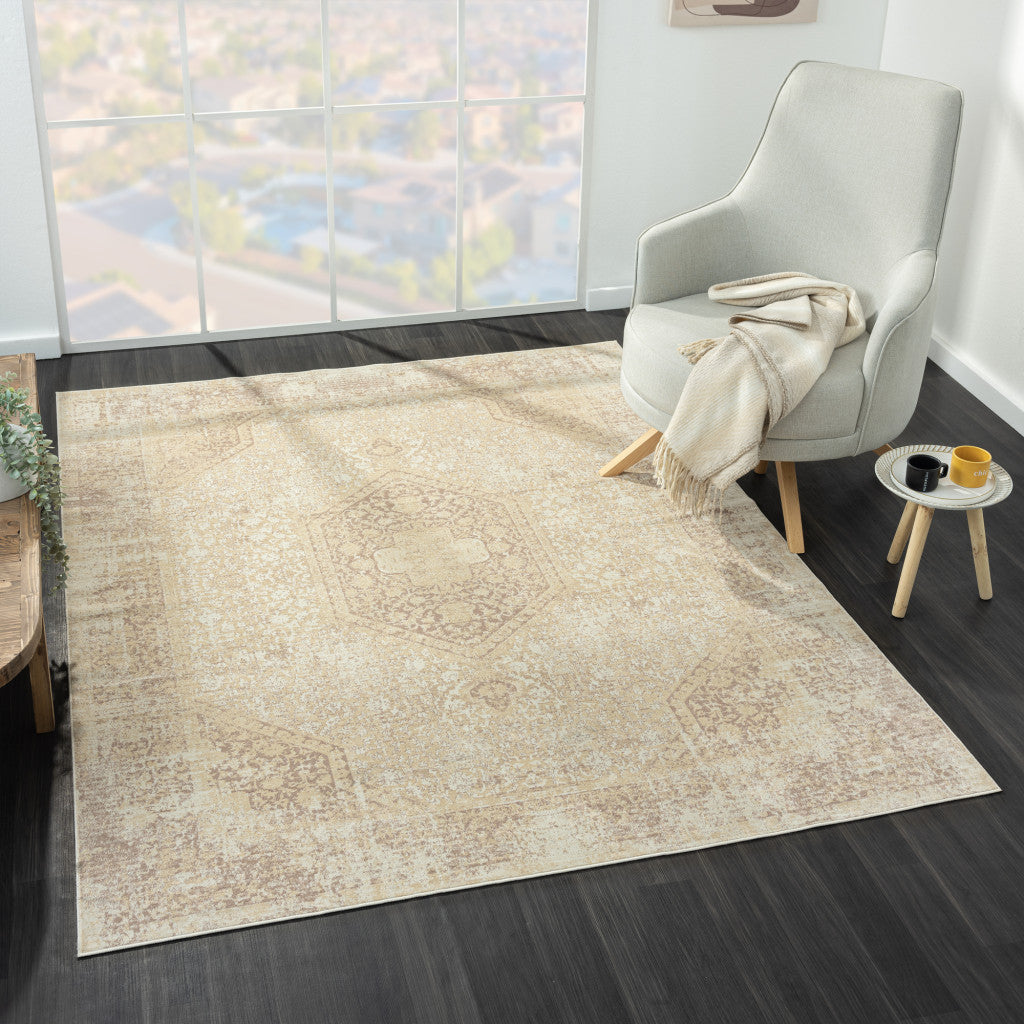 2' X 5' Beige Medallion Washable Non Skid Area Rug