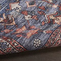 4' x 6' Blue and Red Oriental Power Loom Distressed Washable Non Skid Area Rug