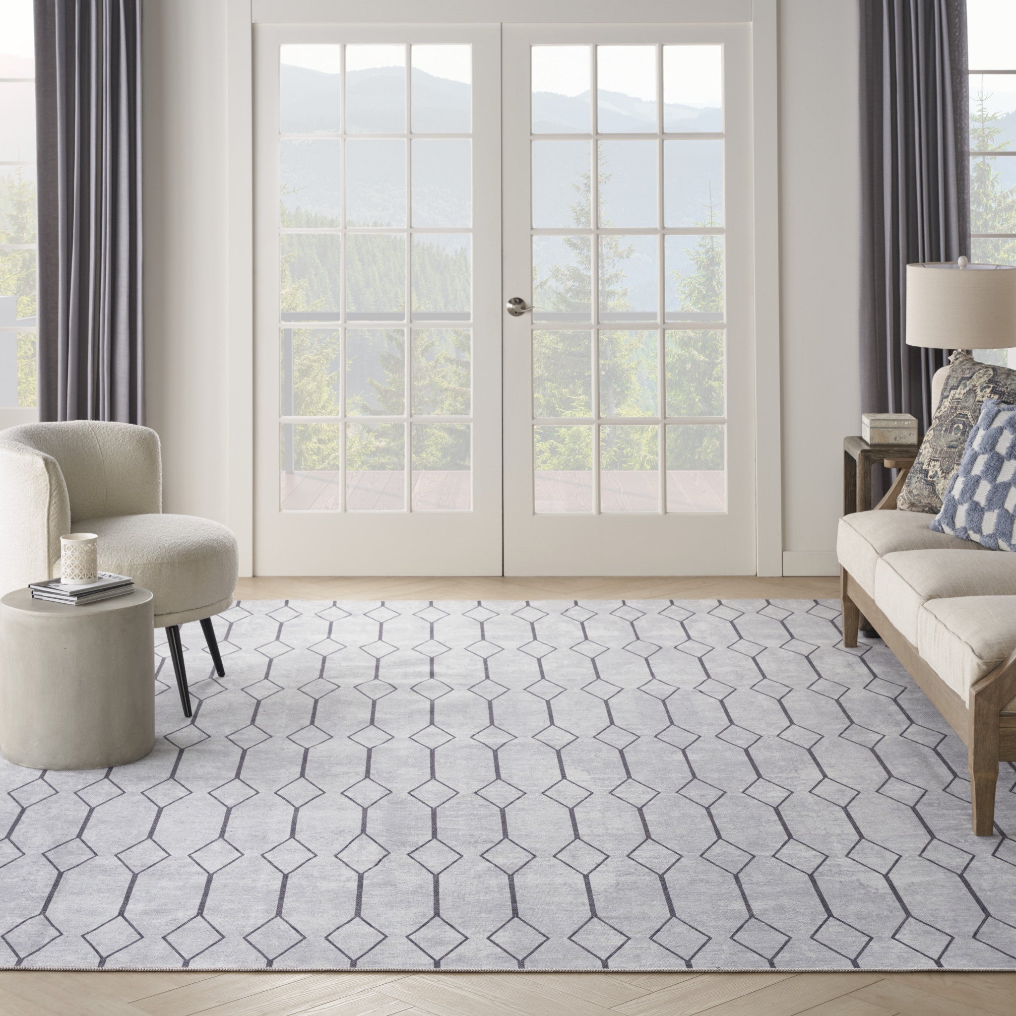 9' x 12' Ivory and Gray Geometric Power Loom Washable Area Rug