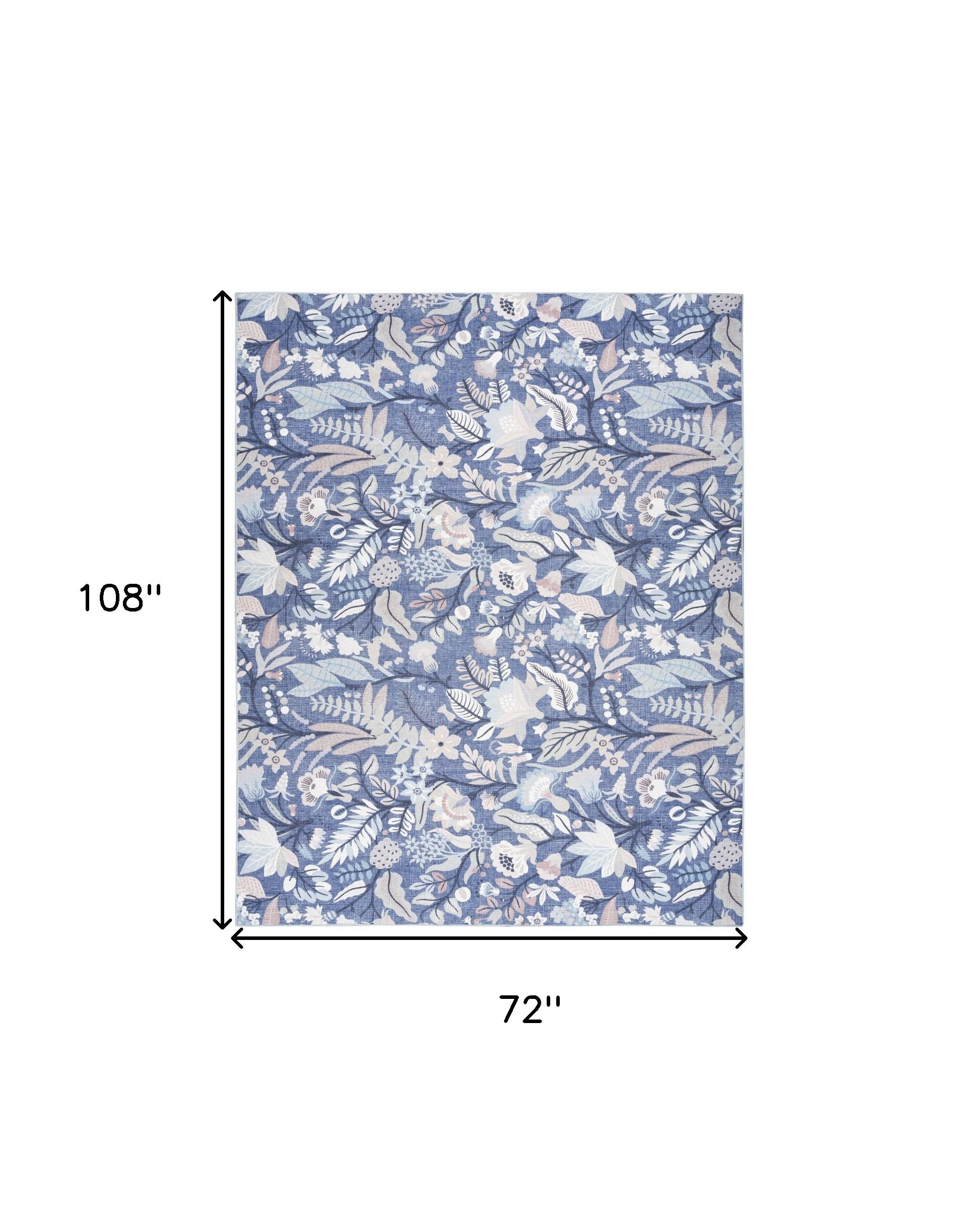 6' x 9' Blue and Off White Floral Power Loom Washable Non Skid Area Rug