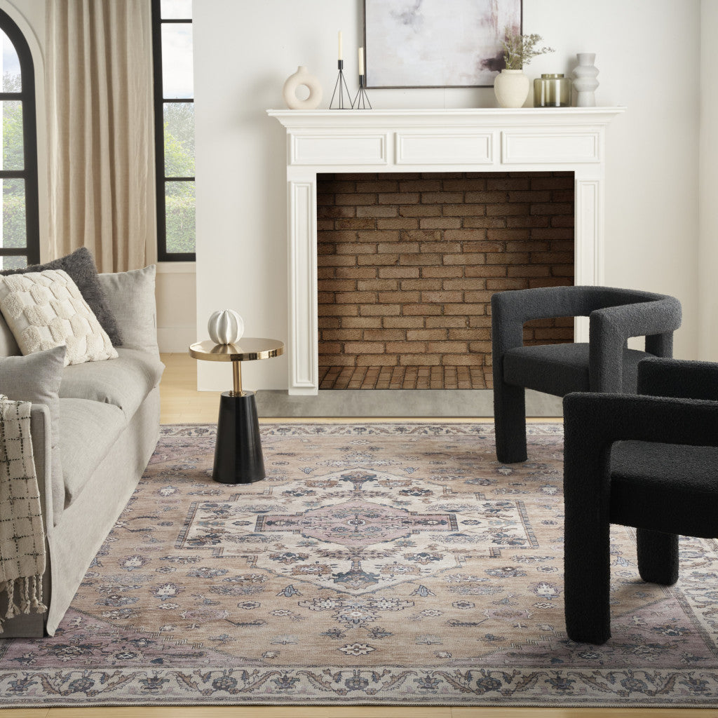 5' x 7' Beige and Gray Oriental Power Loom Distressed Washable Non Skid Area Rug