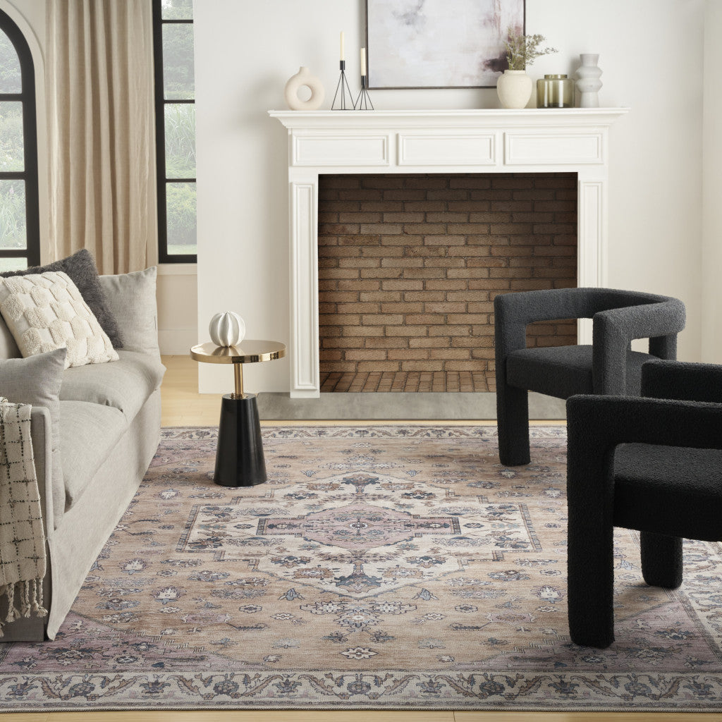 5' x 7' Beige and Gray Oriental Power Loom Distressed Washable Non Skid Area Rug