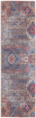 10' Blue and Red Geometric Power Loom Distressed Washable Runner Rug