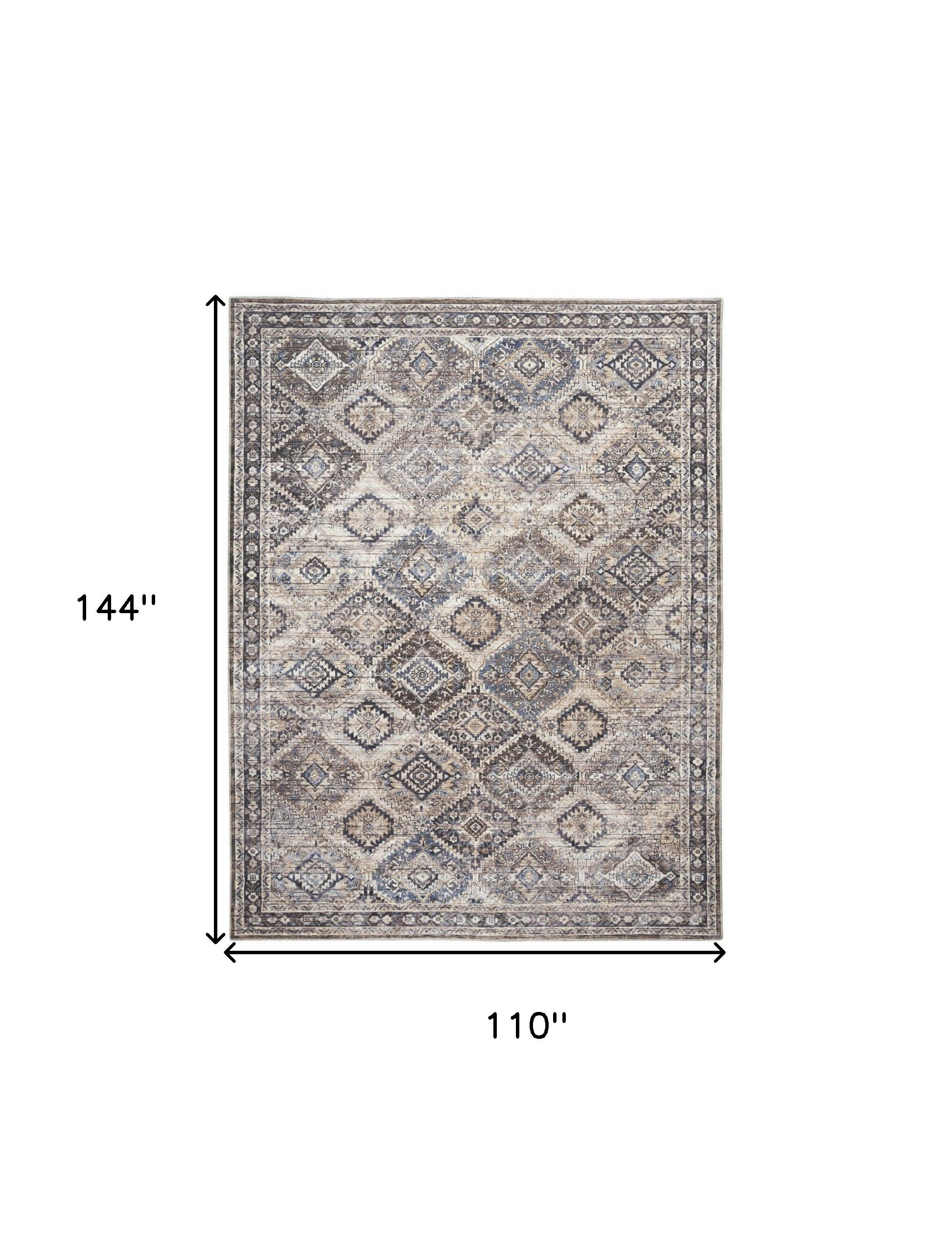9' x 12' Ivory and Tan Floral Power Loom Distressed Washable Area Rug