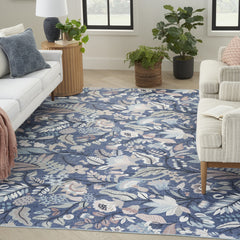 5' x 7' Blue and Off White Floral Power Loom Washable Non Skid Area Rug