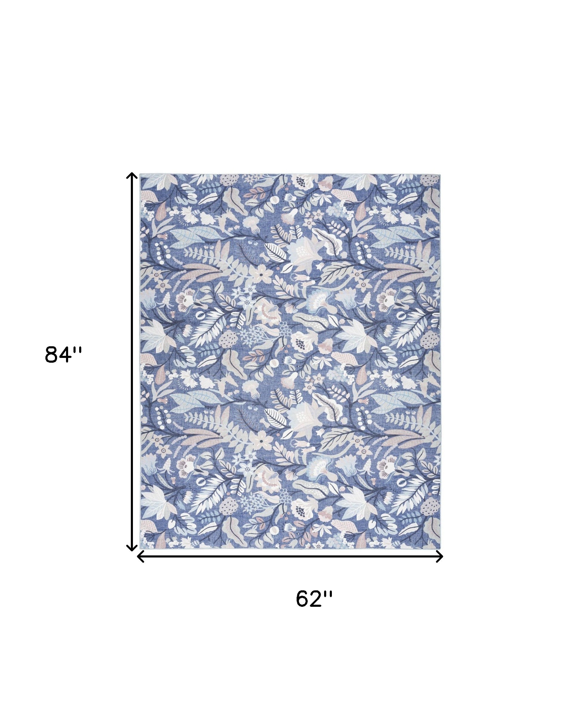 5' x 7' Blue and Off White Floral Power Loom Washable Non Skid Area Rug