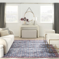 5' x 7' Blue and Red Oriental Power Loom Distressed Washable Non Skid Area Rug