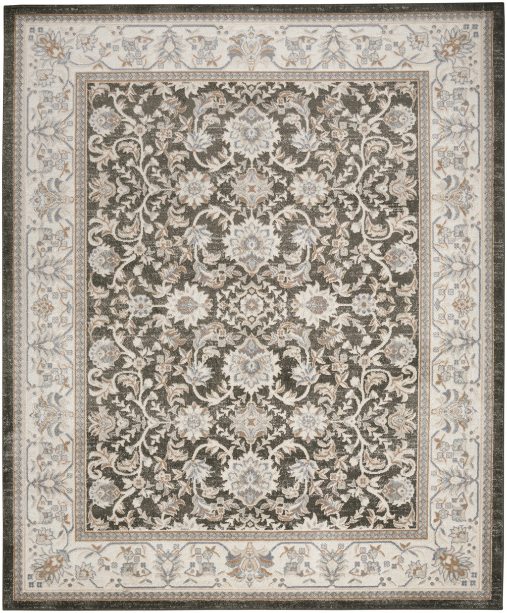 9' x 12' Gray Floral Distressed Area Rug