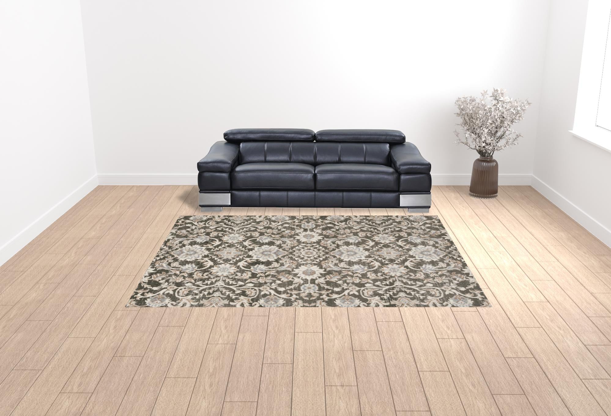 9' x 12' Gray Floral Distressed Area Rug