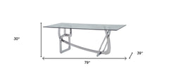 79" Clear And Silver Glass And Stainless Steel Dining Table