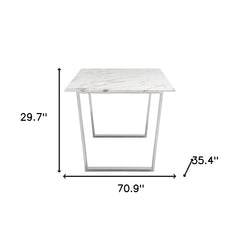 71" White And Silver Marble And Steel Dining Table