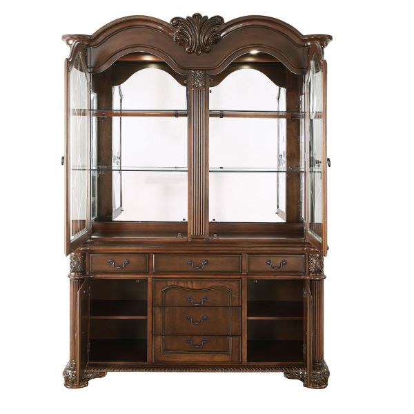 21" Brown Solid Wood Frame Dining Hutch With Three Shelves And Six Drawers