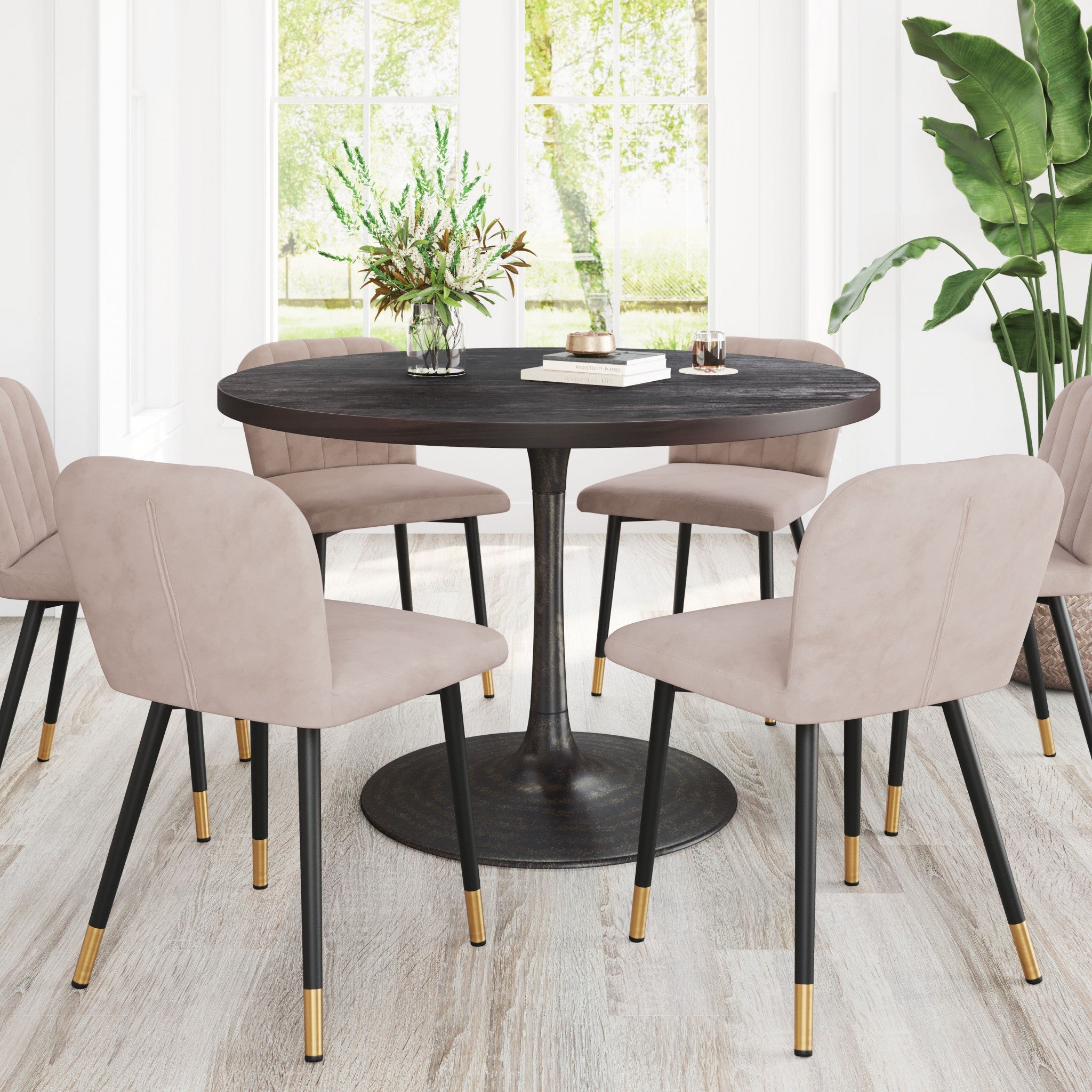 47" Dark Brown Rounded Solid Wood And Steel Dining Table