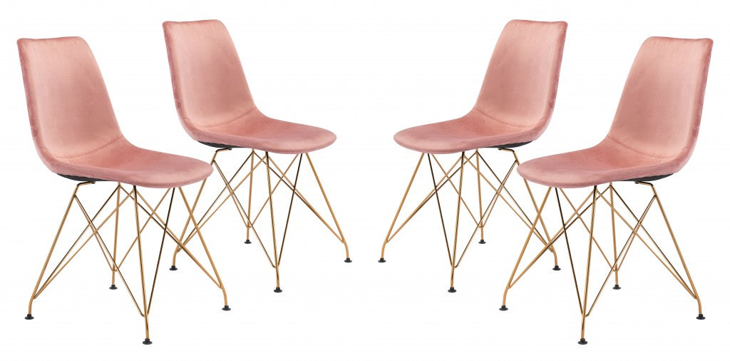 Set of Four Pink and Gold Upholstered Velvet Dining Side Chairs
