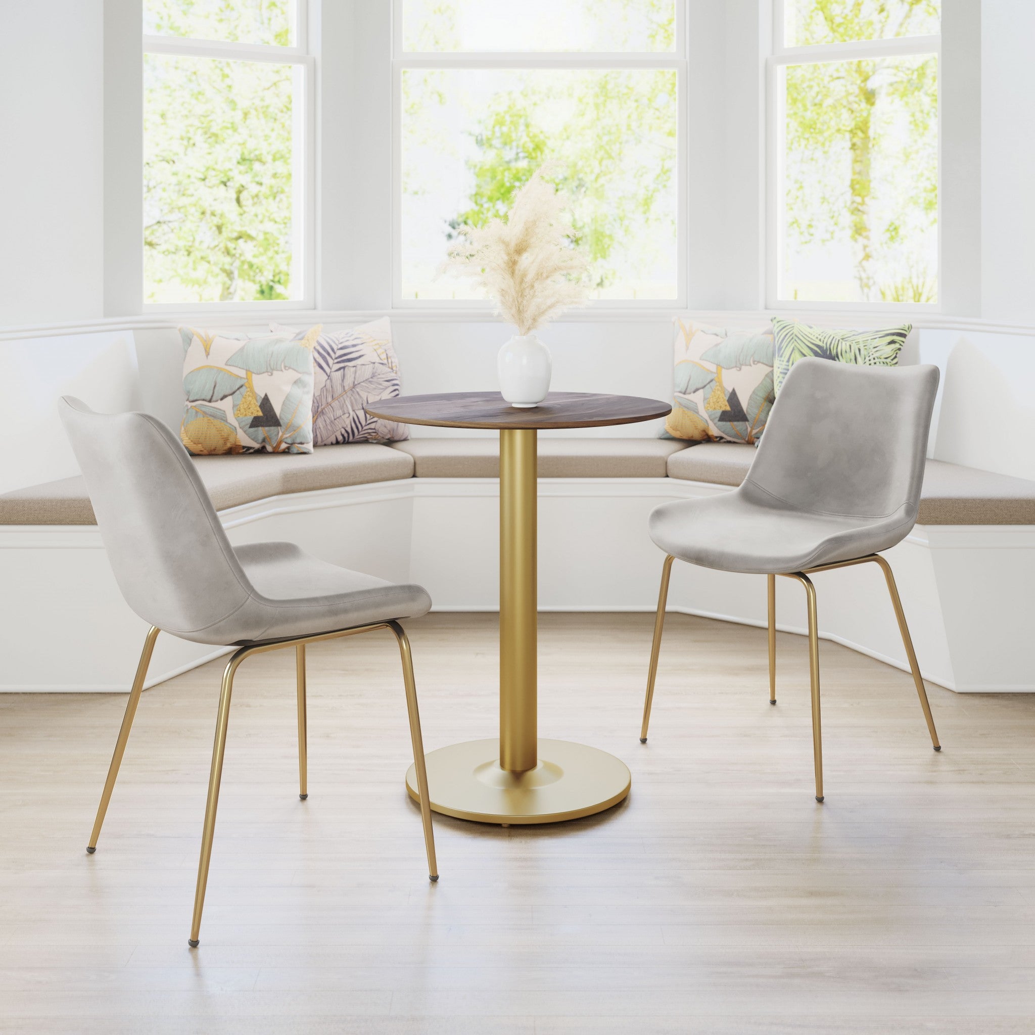 Set of Two Gray and Gold Upholstered Velvet Dining Side Chairs
