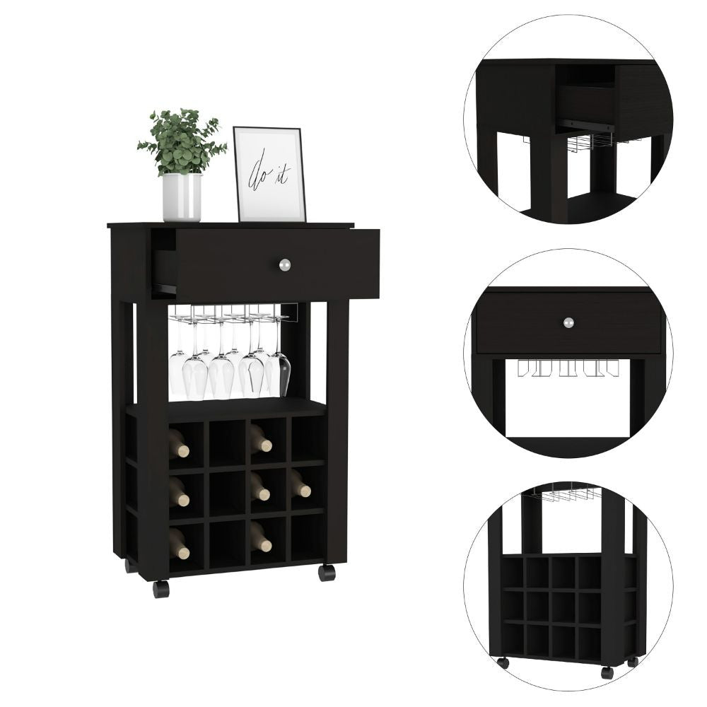 Black Rolling Bar Cart With Wine Storage