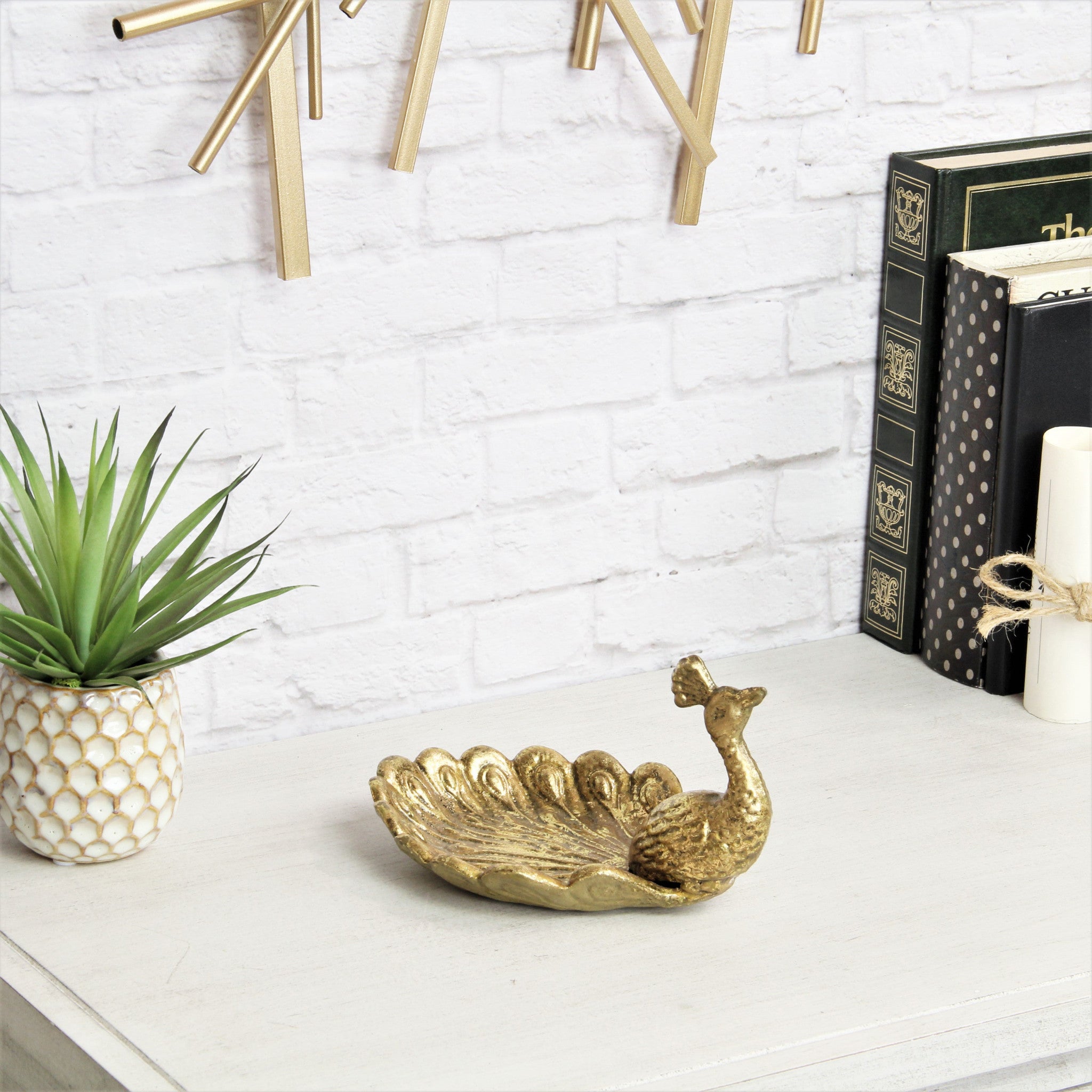 7" Burnished Gold Peacock Metal Handmade Tray