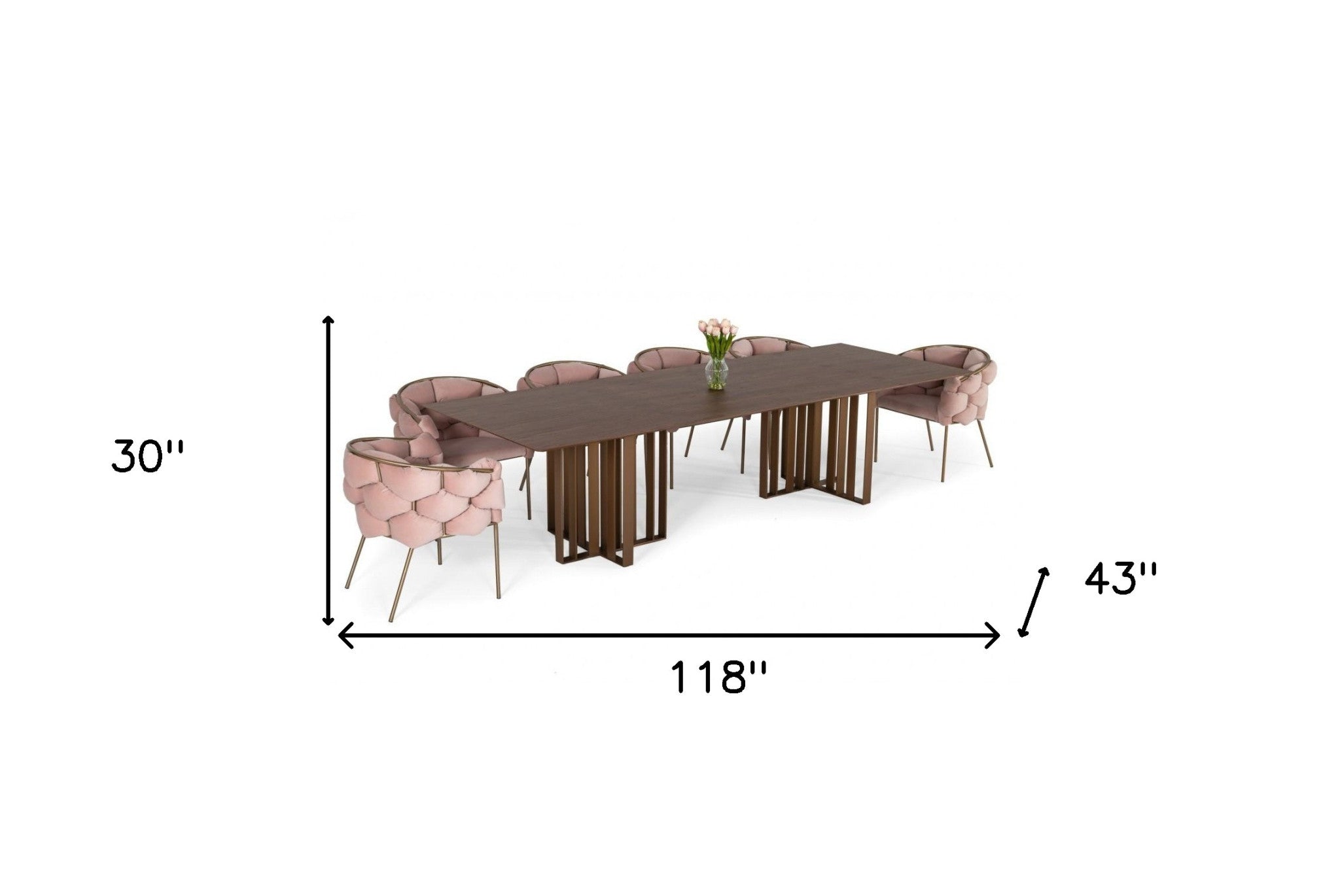 118" Walnut And Brass Rectangular Manufactured Wood And Stainless Steel Dining Table