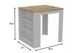 Stylish White and Pine Kitchen Counter and Dining Table Combination