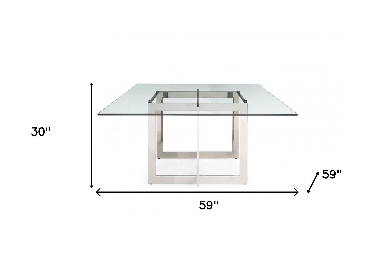 59" Clear And Gun Metal Square Glass And Stainless Steel Dining Table