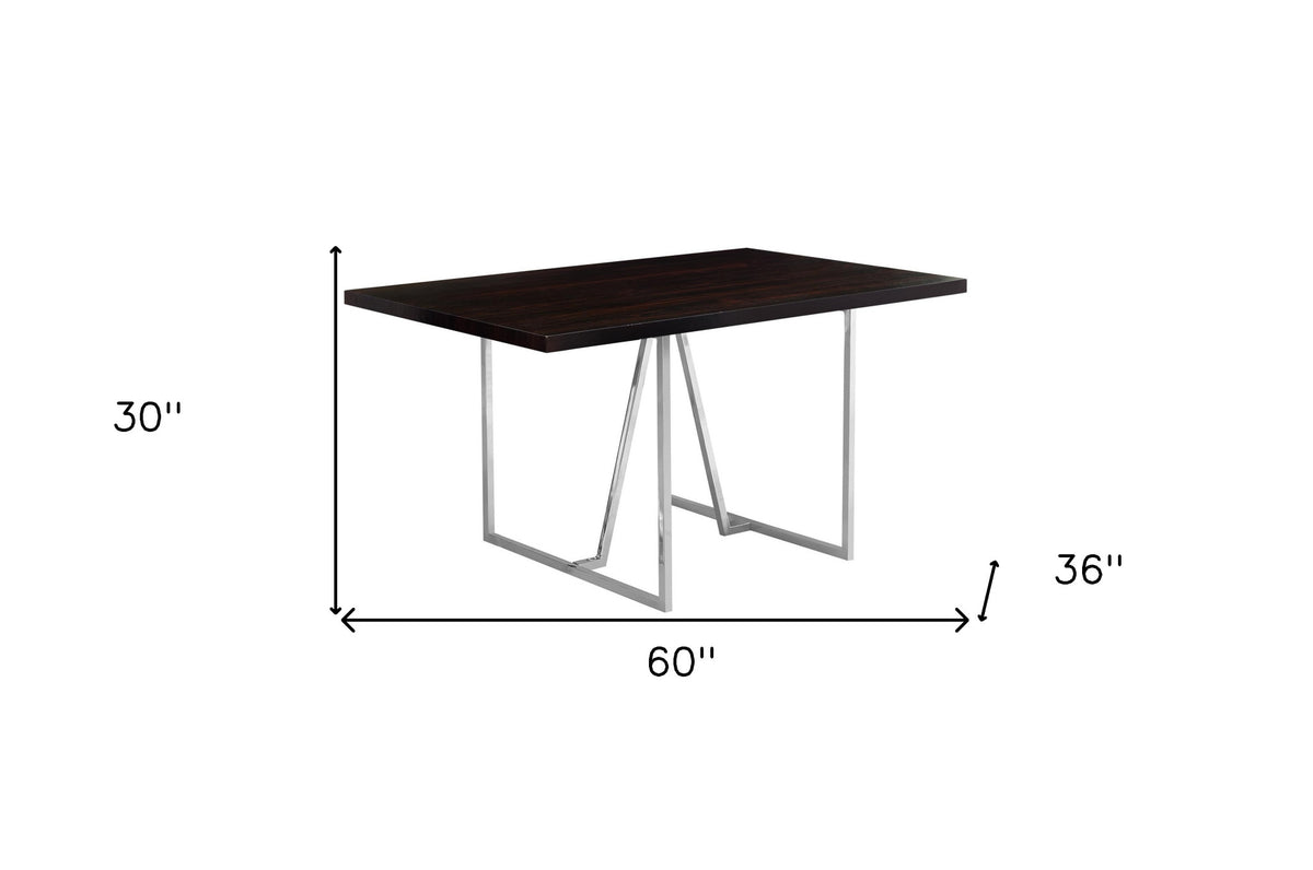 60" Espresso And Silver Metal Dining Table