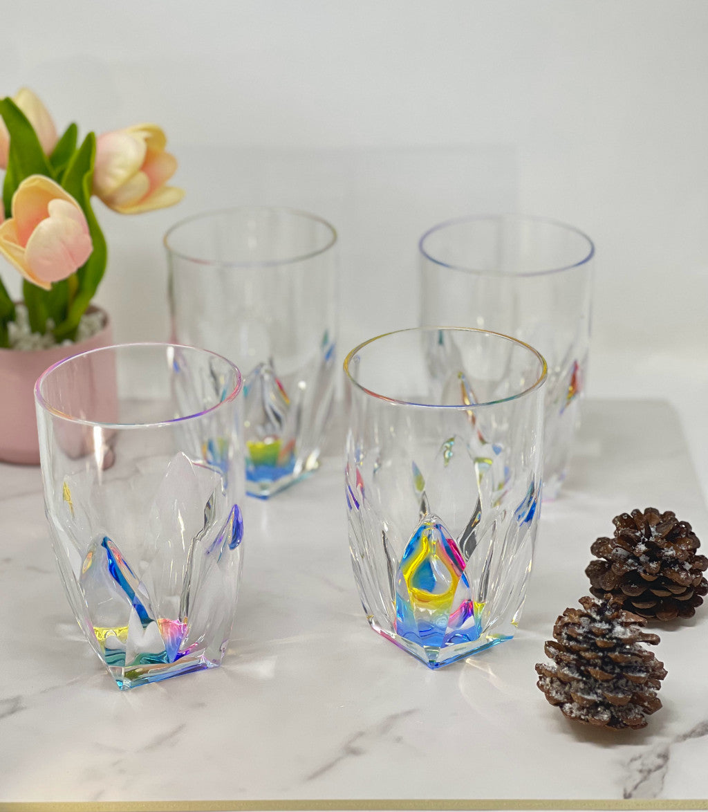 Set of Four Clear and Rainbow Geometric Acrylic Highball Glasses