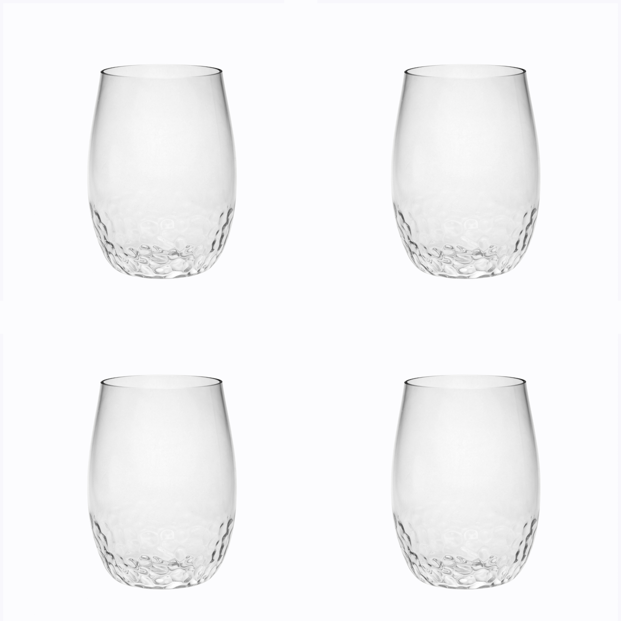 Set of Four Clear Dimpled Tritan Plastic Stemless All Purpose Tumbler Wine Glasses