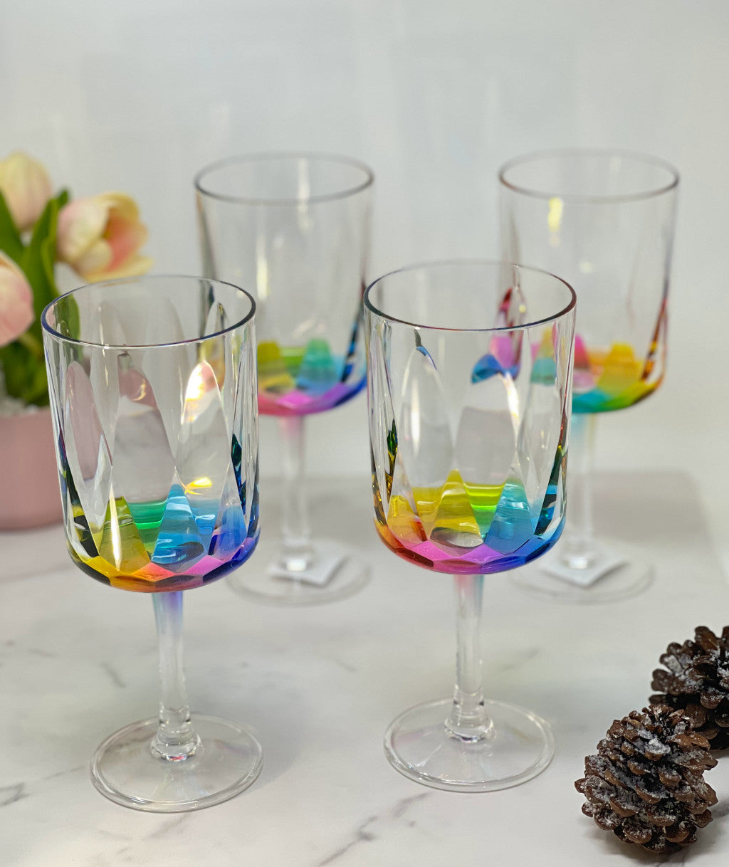 Set of Four Clear and Rainbow Geometric Acrylic Stemmed All Purpose Wine Glasses