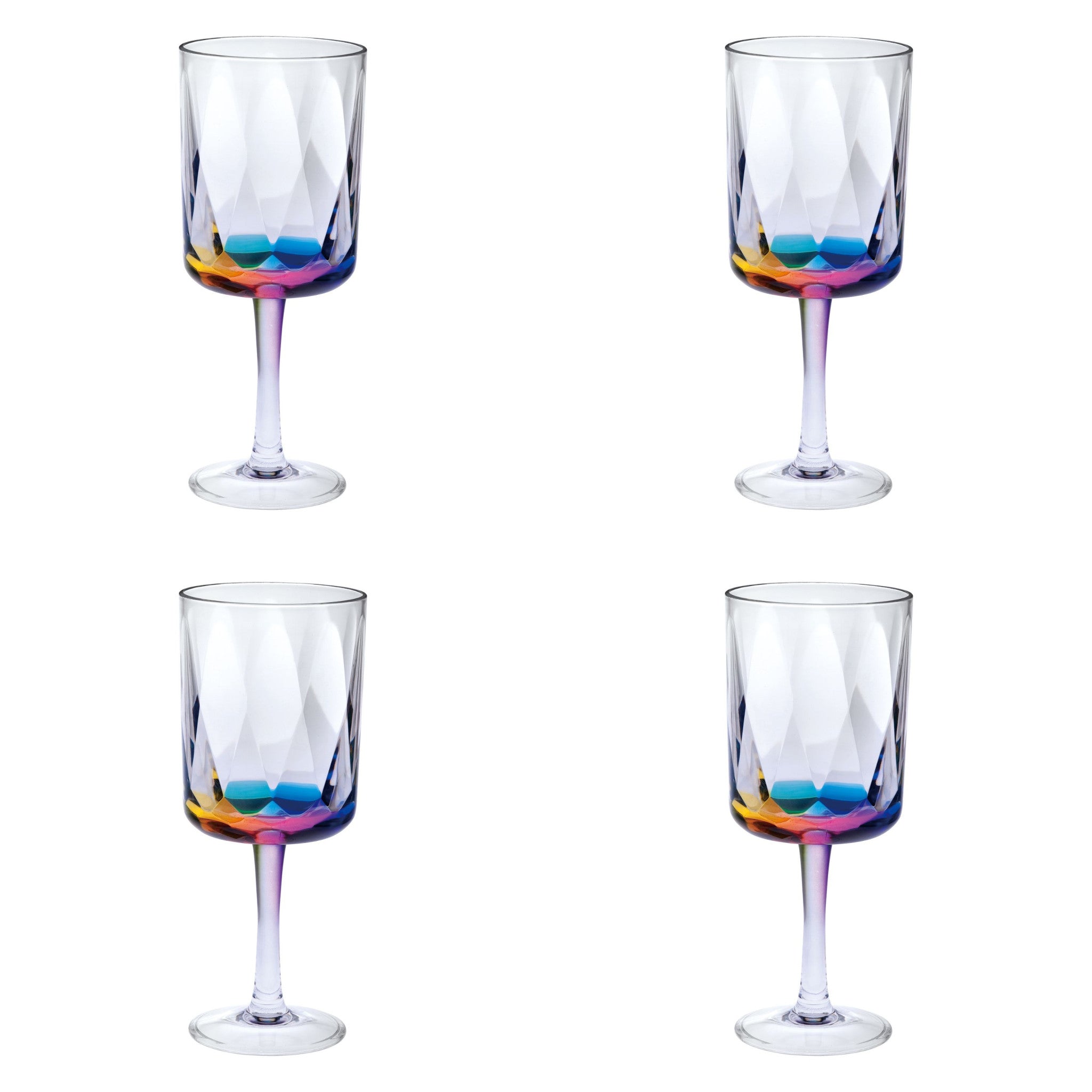 Set of Four Clear and Rainbow Geometric Acrylic Stemmed All Purpose Wine Glasses