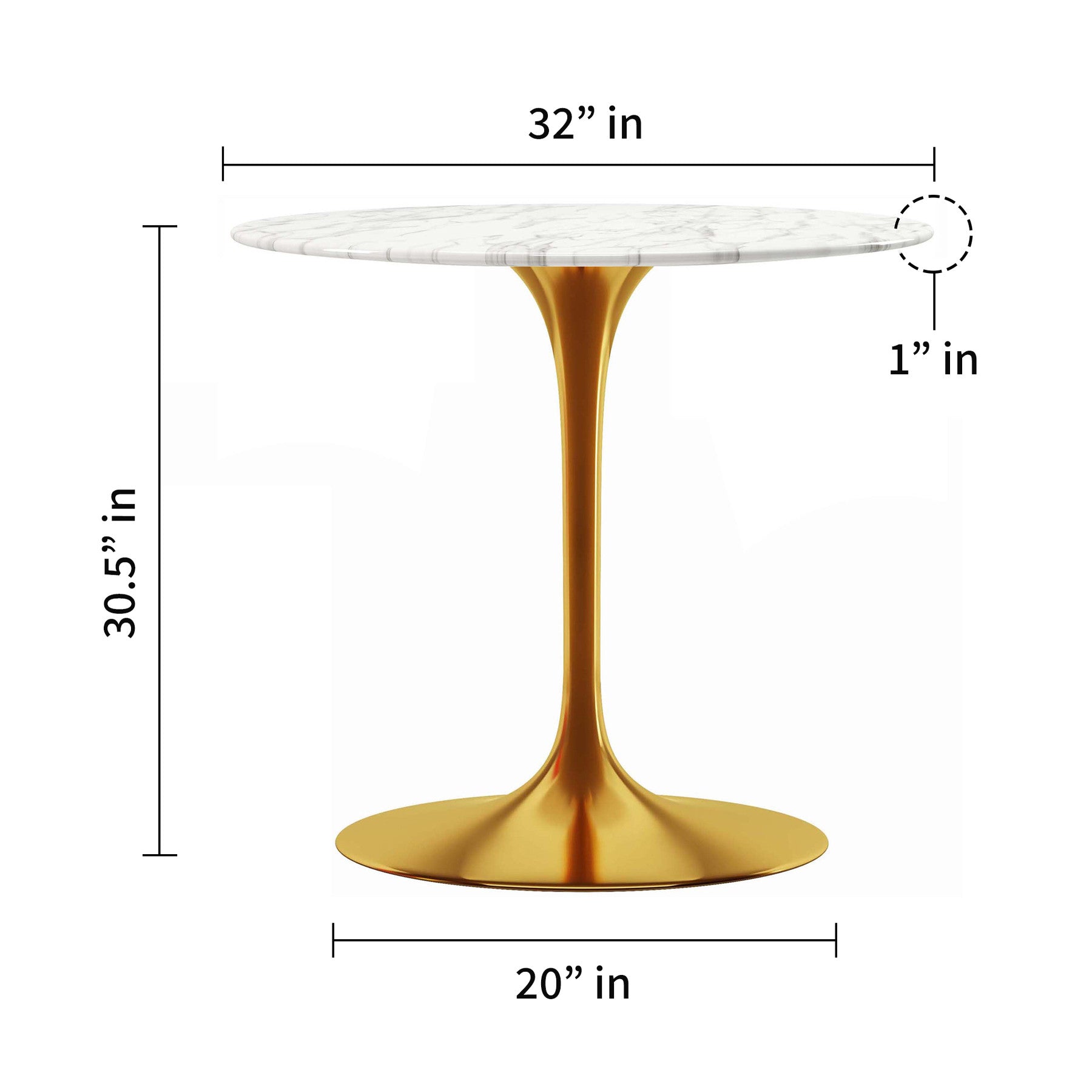 32" White And Gold Marble And Metal Dining Table