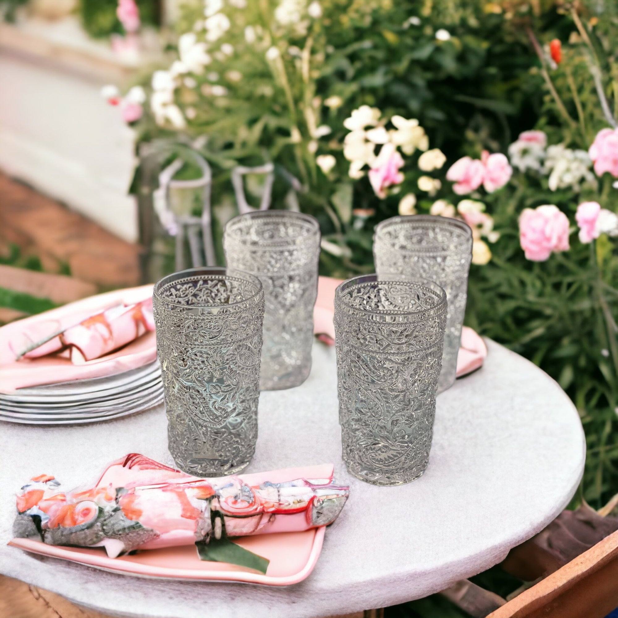 Set of Four Clear Paisley Acrylic Stemless Highball Glass