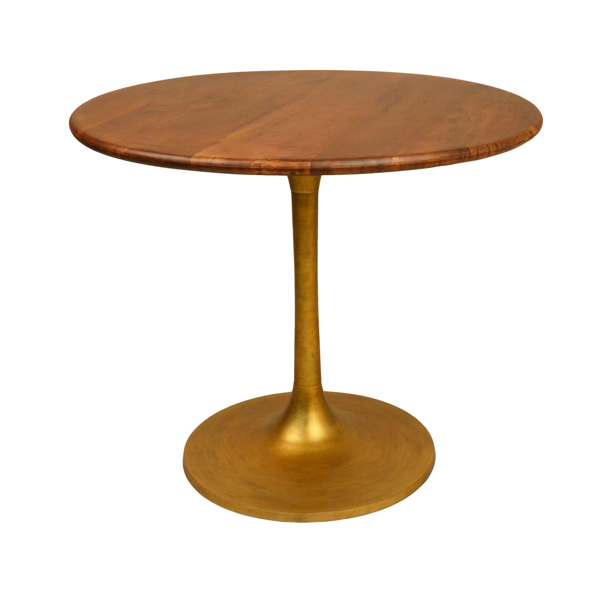 36" Brown and Gold Rounded Solid Wood and Iron Pedestal Base Dining Table