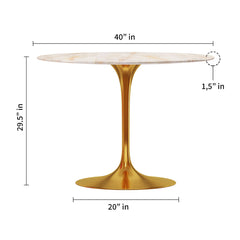 40" White And Gold Marble And Metal Dining Table