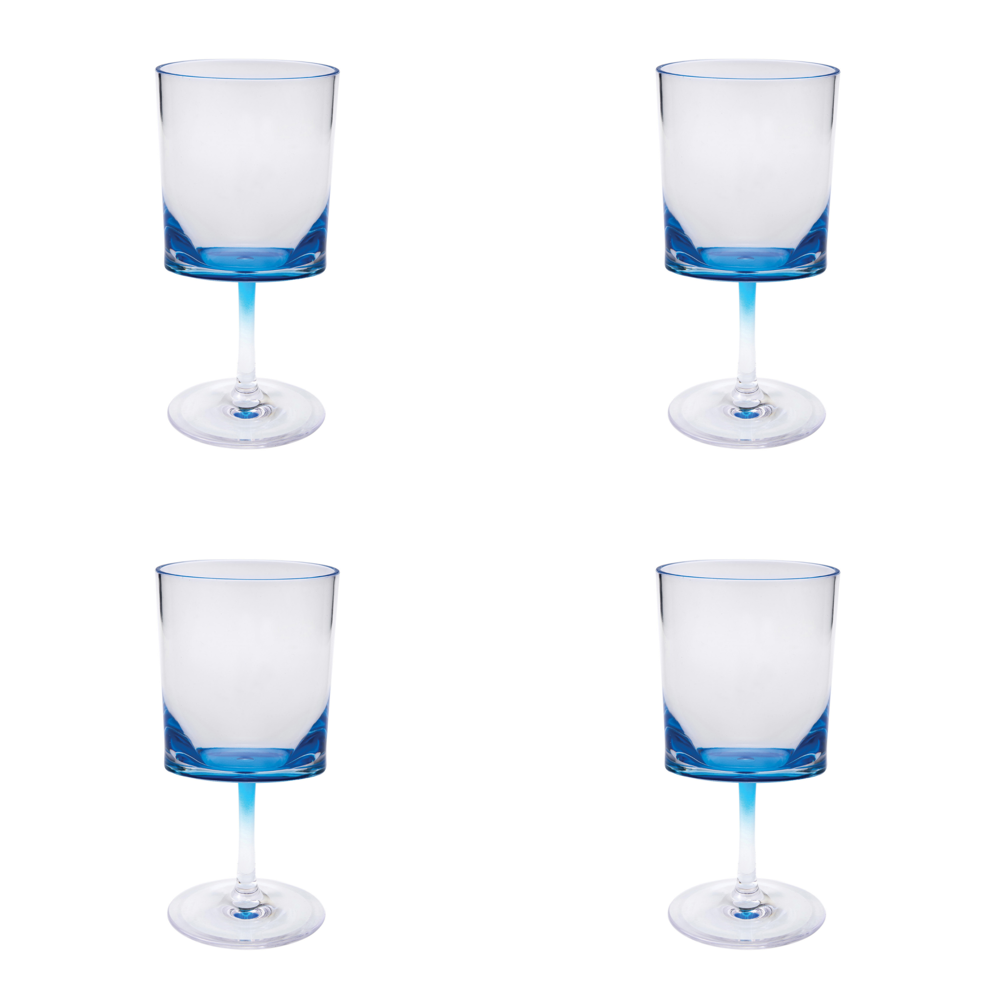 Set of Four Clear and Blue Acrylic Stemmed All Purpose Wine Glass