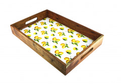 18" Brown and White Solid Wood Lemon Serving Tray With Handles