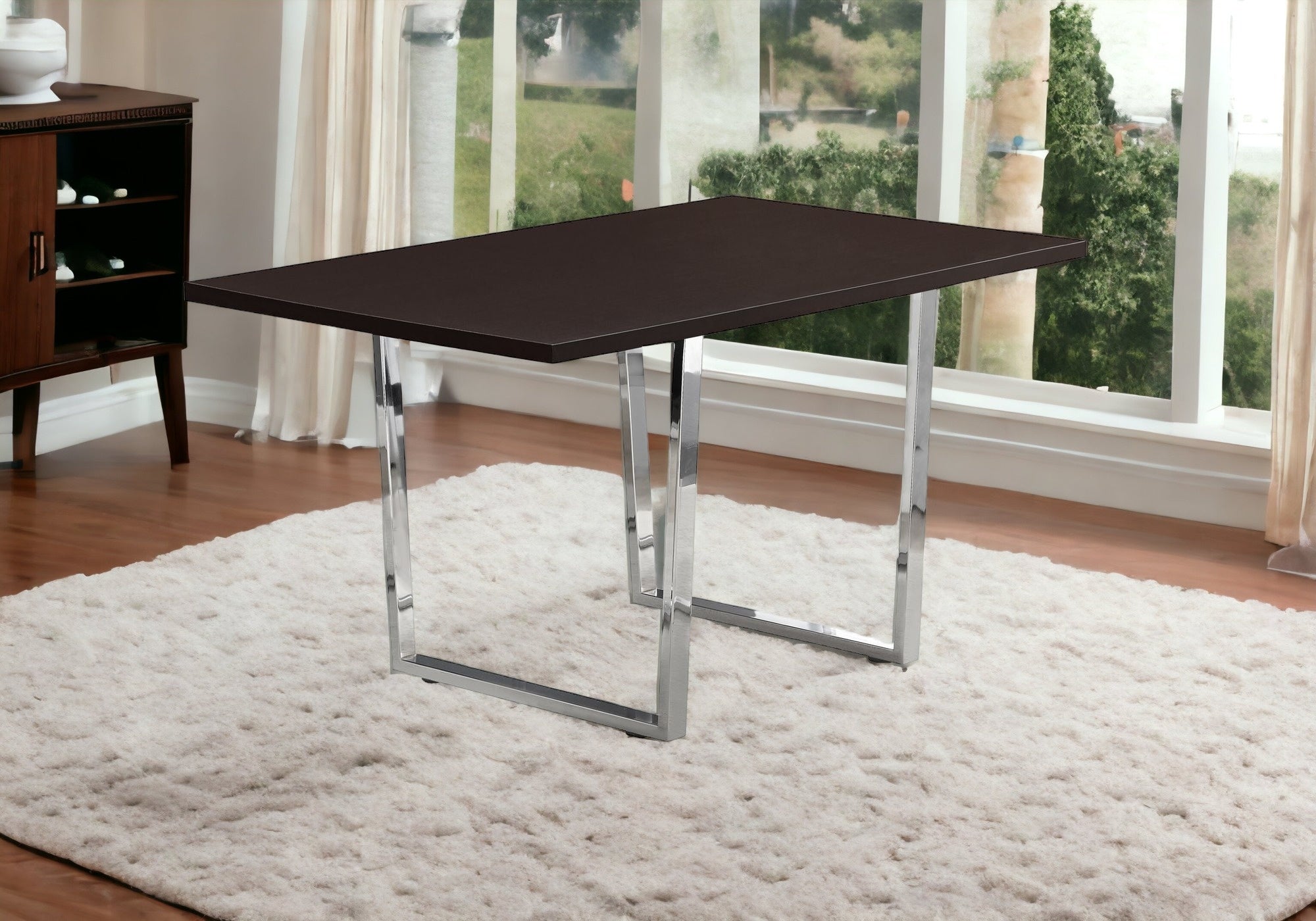 59" Espresso And Silver Metal Dining Table