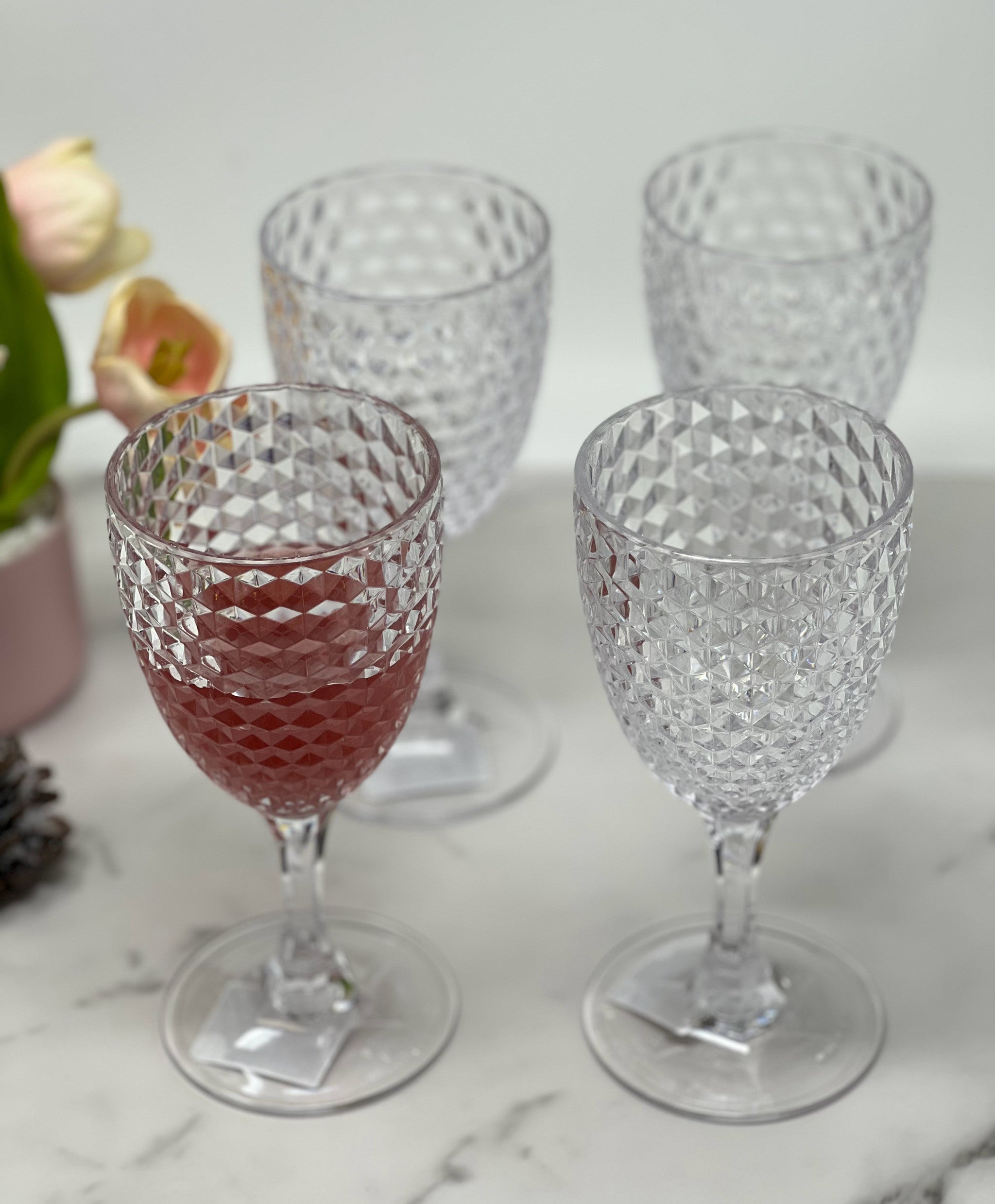 Set of Four Clear Diamond Acrylic Stemmed All Purpose Wine Glass