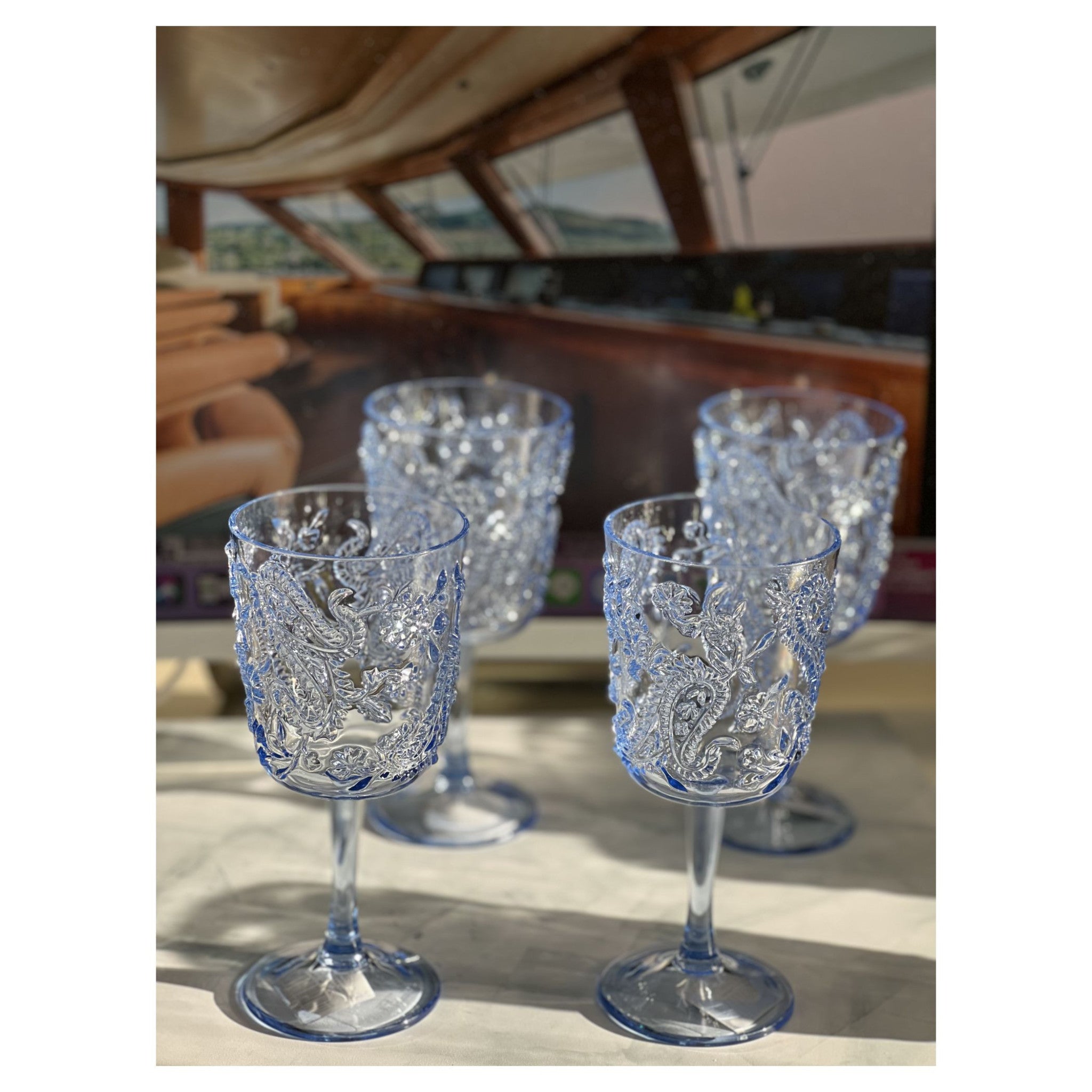 Set of Four Blue Paisley Acrylic Stemmed All Purpose Wine Glass