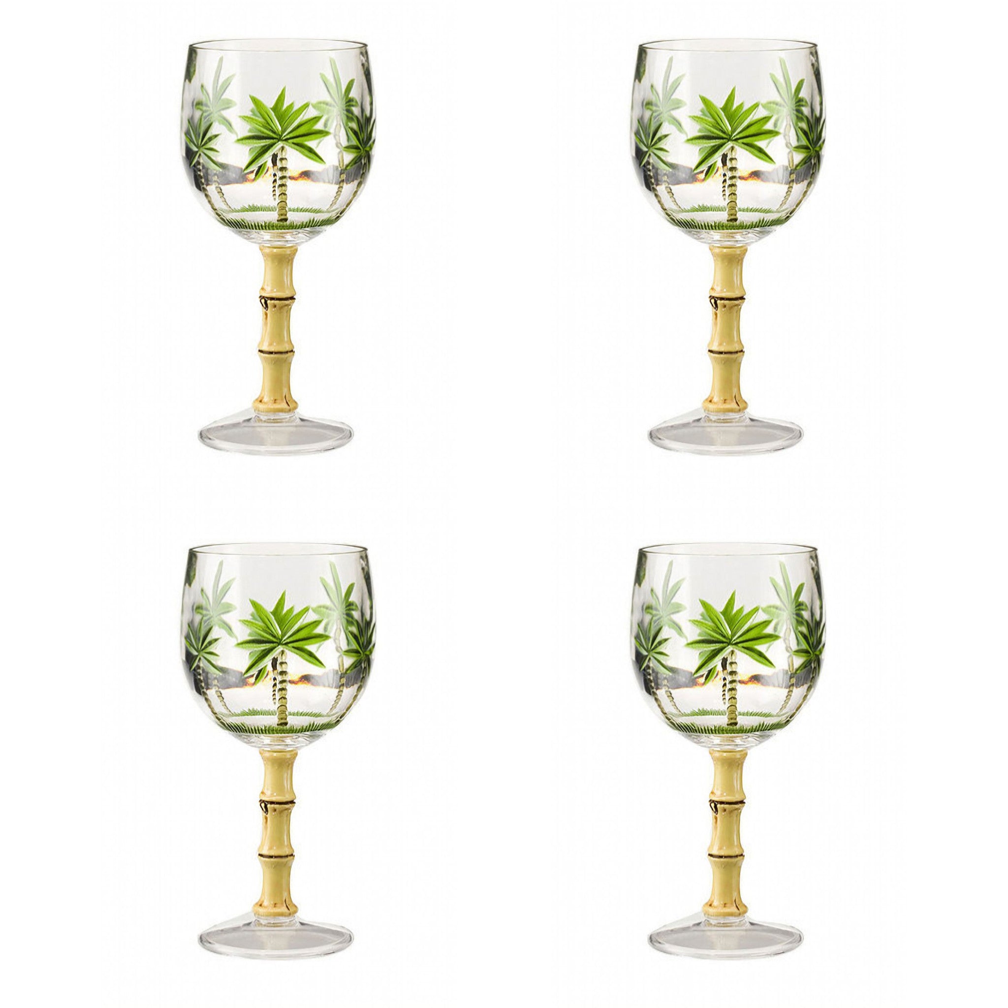 Set of Four Clear and Green Palm Tree Acrylic Stemmed All Purpose Wine Glasses