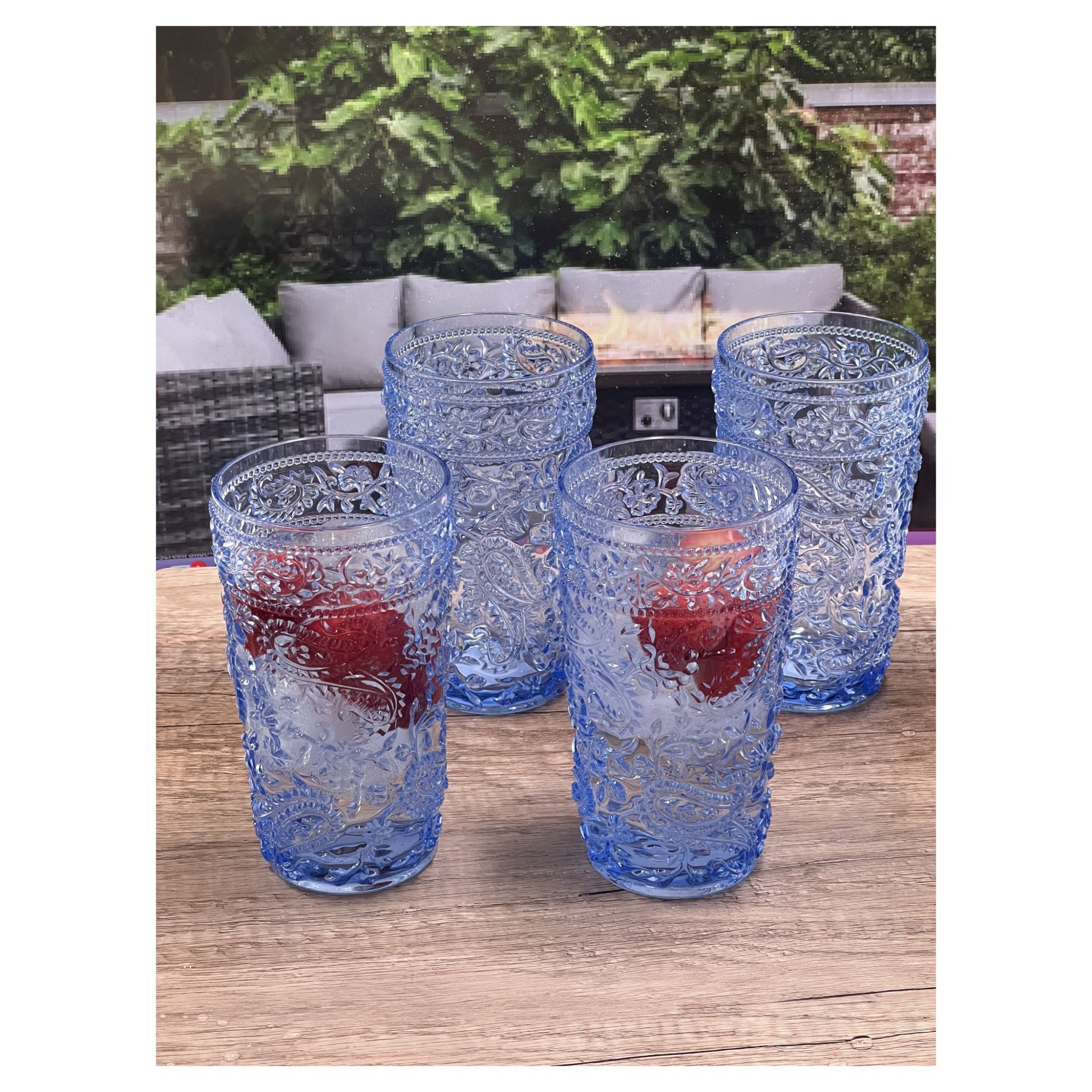 Set of Four Blue Paisley Acrylic Stemless Highball Glass